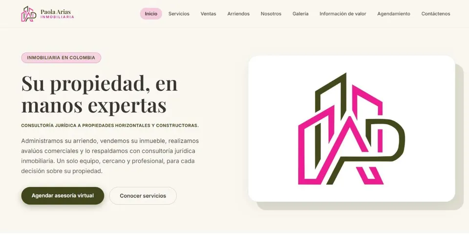 Página de inicio del sitio web de Paola Arias Inmobiliaria