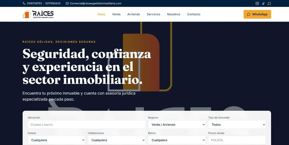 Página de inicio del sitio web de RAÍCES Gestión Inmobiliaria